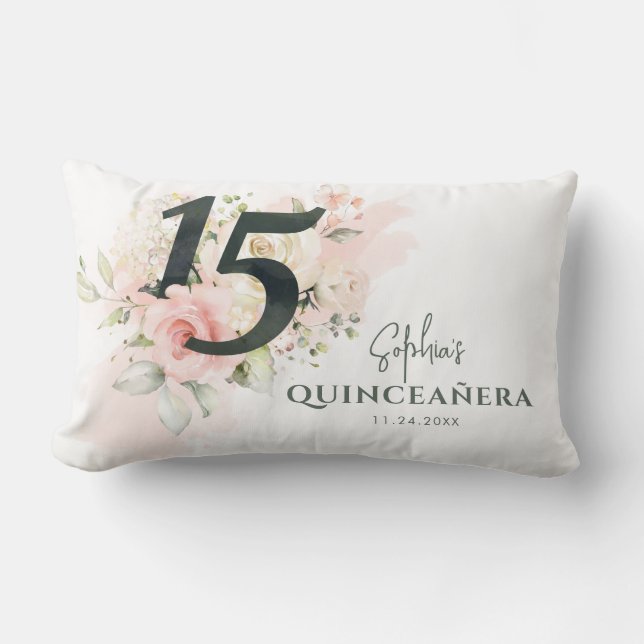 Personalised Quinceanera Pink Floral 15th Birthday Lumbar Cushion (Front)