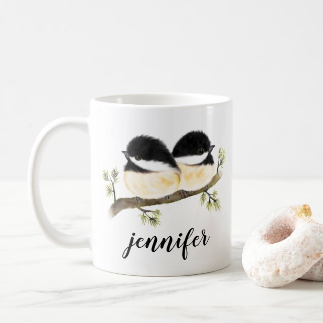 Personalised Quirky Baby Chickadees Bird Mug (With Donut)