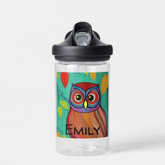 Personalised Quirky Colourful Folk Art Abstract Ow Water Bottle (Front)