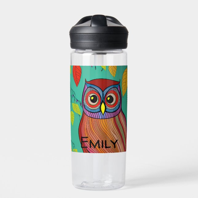 Personalised Quirky Colourful Folk Art Abstract Ow Water Bottle (Front)