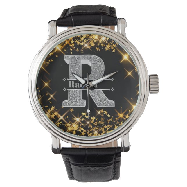 Personalised R Initial Silver Monogram Your Name  Watch (Front)