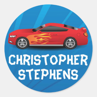 Personalised Race Car Flames Boy's School/Name Classic Round Sticker