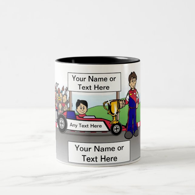 Personalised Race Car, Youth Driver - Male Cartoon Two-Tone Coffee Mug (Center)