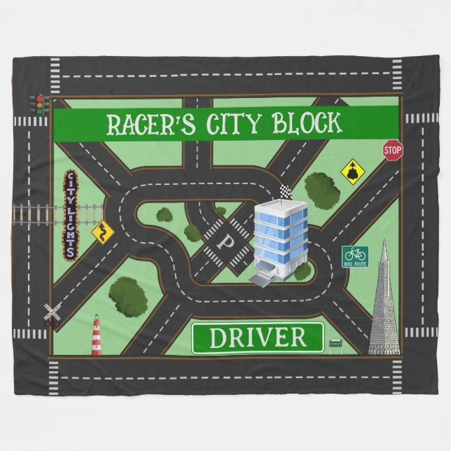 Personalised Racer's City Block Play Fleece Blanket (Front (Horizontal))