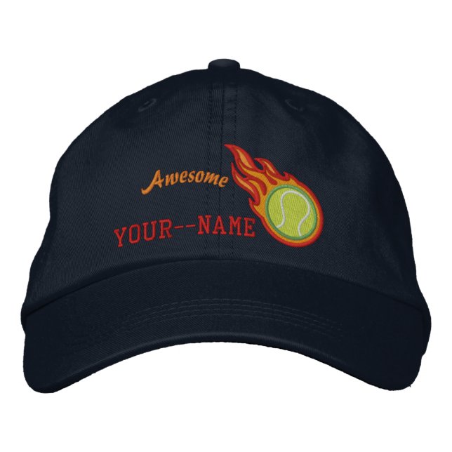 Personalised Racing Flames Tennis Bullet Badge Embroidered Hat (Front)