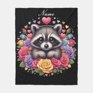 Personalised Racoon with Flowers and Hearts Fleece Blanket