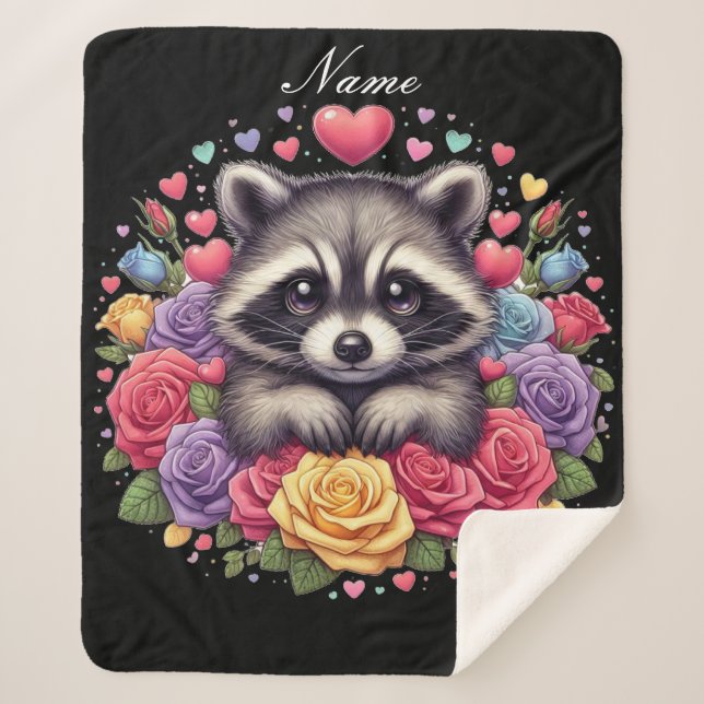 Personalised Racoon with Flowers and Hearts Sherpa Blanket (Front)