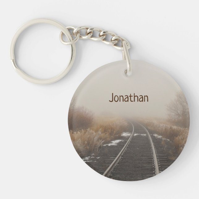 Personalised Railroad Tracks Foggy Landscape Key Ring (Front)