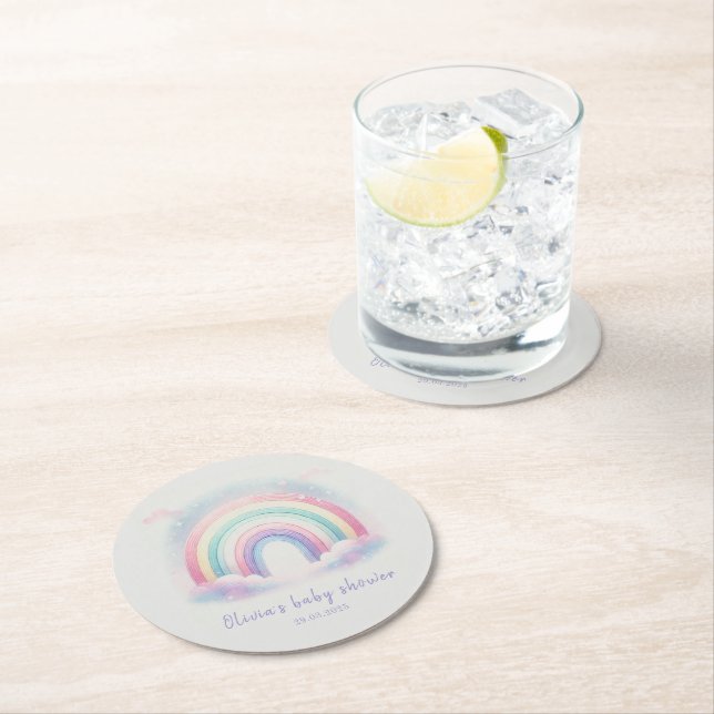 Personalised Rainbow Baby Shower Paper Coaster (Insitu)