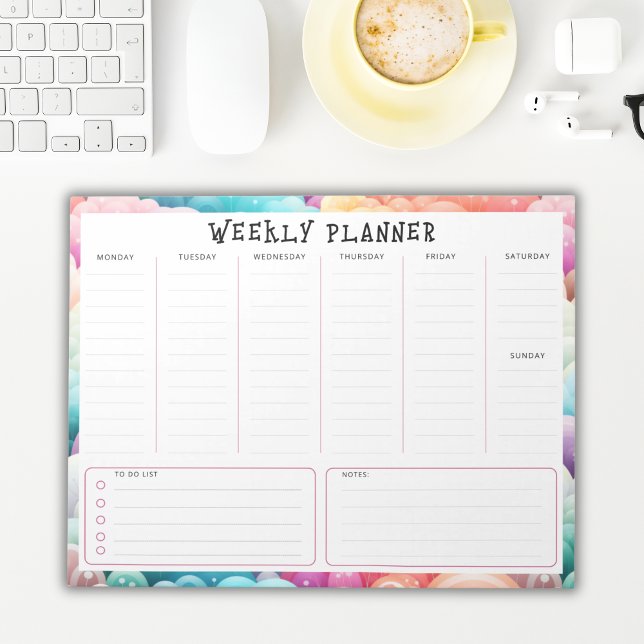 Personalised Rainbow Cloud Border, Weekly Planner Notepad (Creator Uploaded)