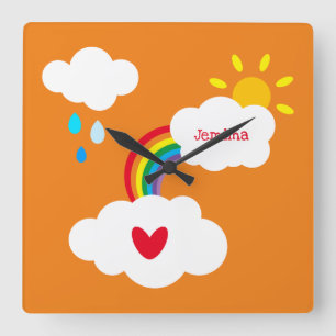 Personalised Rainbow, Clouds and Rain Square Wall Clock