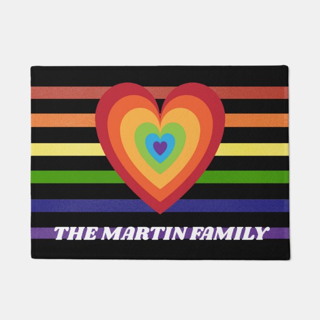 Personalised Rainbow Colour Stripes Heart Doormat (Front)