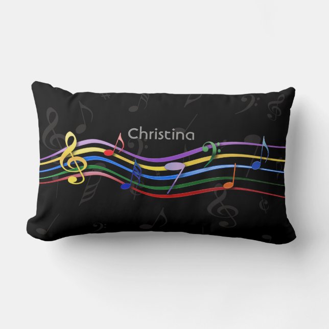 Personalised Rainbow Coloured Music Notes Lumbar Cushion (Front)