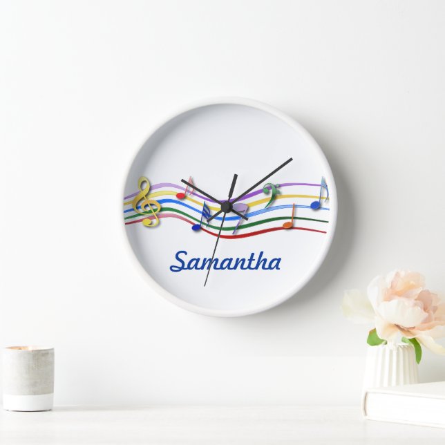 Personalised Rainbow Coloured Music Notes Wall Clock (Home)