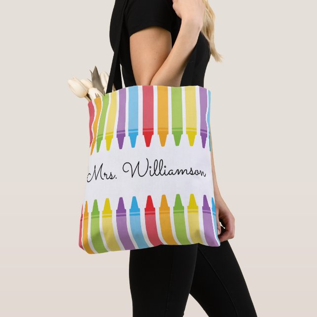 Personalised Rainbow Crayons Teacher Appreciation Tote Bag (Close Up)
