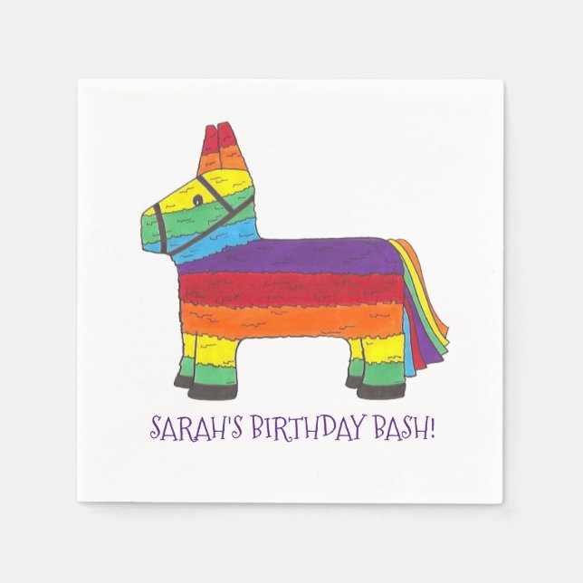 Personalised Rainbow Donkey Piñata Birthday Party Napkin (Front)
