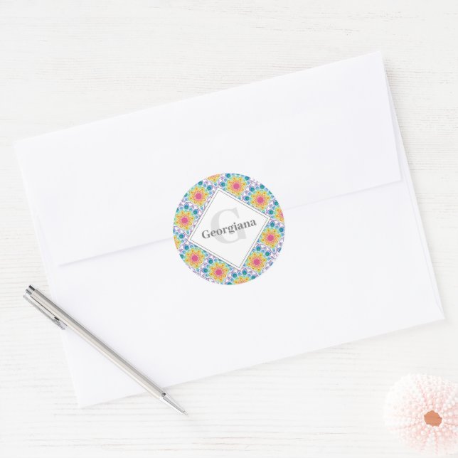 Personalised Rainbow Floral Fountain Art Deco Classic Round Sticker (Envelope)