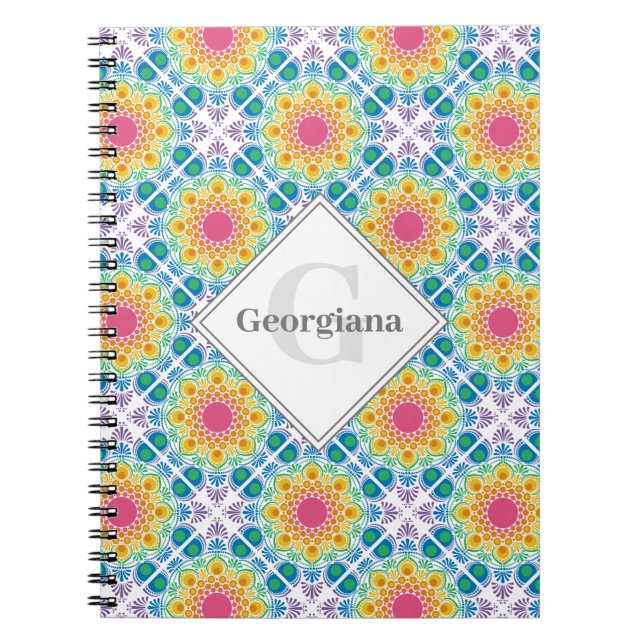 Personalised Rainbow Floral Mandala Diamond Tile Notebook (Front)