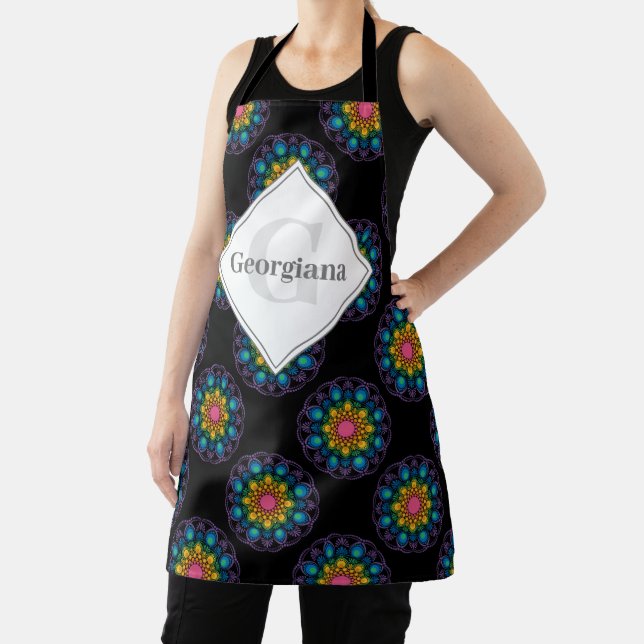 Personalised Rainbow Floral Polka Dot Mandala Apron (Insitu)