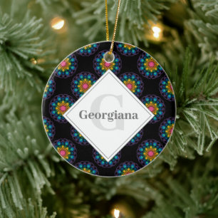 Personalised Rainbow Floral Polka Dot Mandala Ceramic Ornament