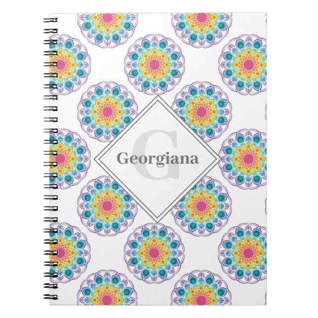 Personalised Rainbow Floral Polka Dots Mandala Notebook (Front)