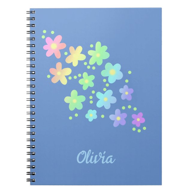 Personalised Rainbow Flowers on Blue Notebook (Front)