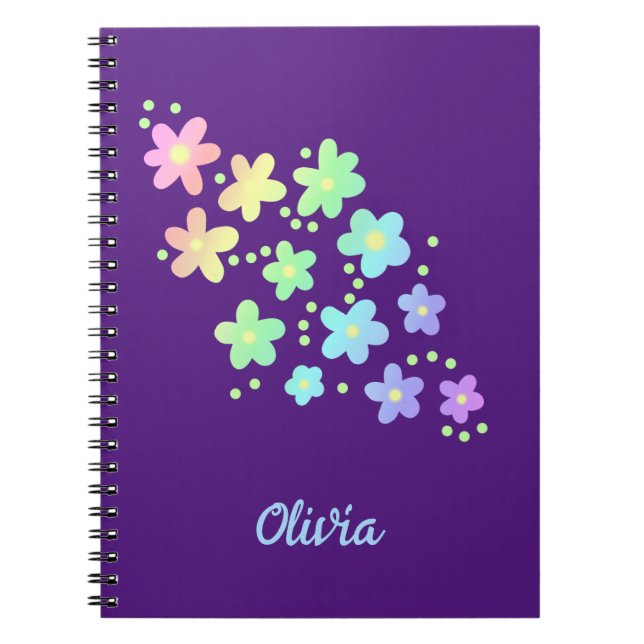 Personalised Rainbow Flowers on Purple Notebook (Front)