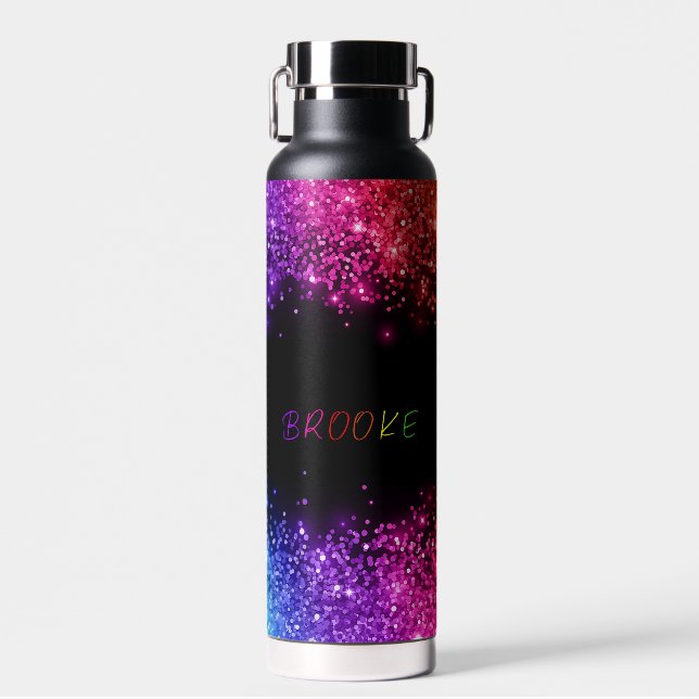 Personalised Rainbow Glitter Bordered Water Bottle (Front)