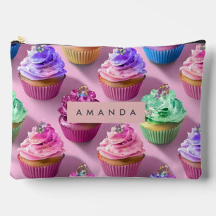 Personalised Rainbow Glitter Cupcakes on Pink Accessory Pouch