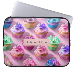 Personalised Rainbow Glitter Cupcakes on Pink Laptop Sleeve
