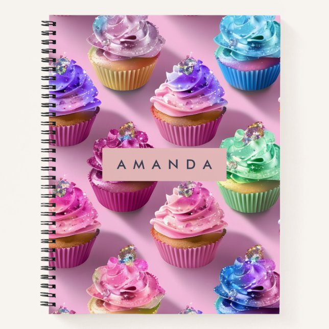 Personalised Rainbow Glitter Cupcakes on Pink Notebook (Front)