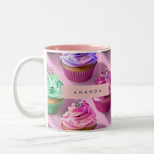 Personalised Rainbow Glitter Cupcakes on Pink Two-Tone Coffee Mug