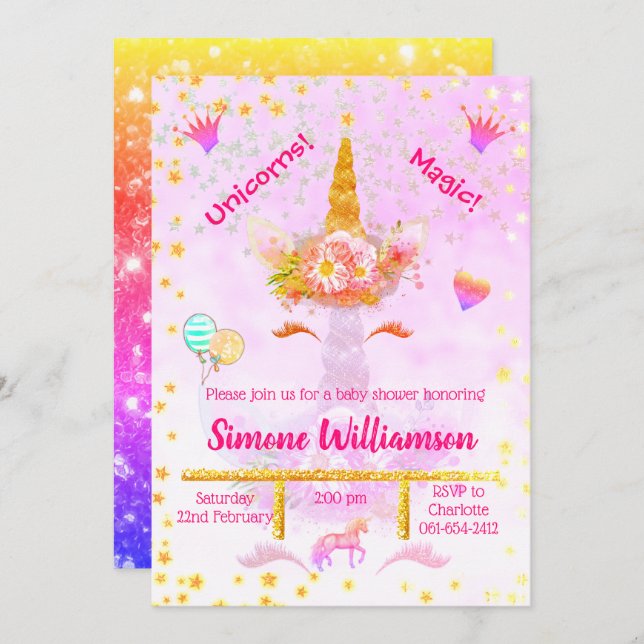 Personalised Rainbow Glitter Golden Unicorn Invitation (Front/Back)