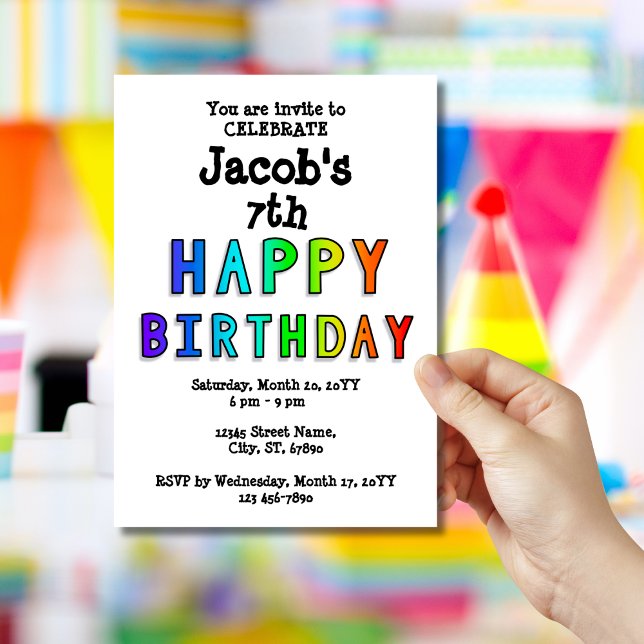 Personalised Rainbow Happy 7th Birthday Lettering Invitation (Creator Uploaded)