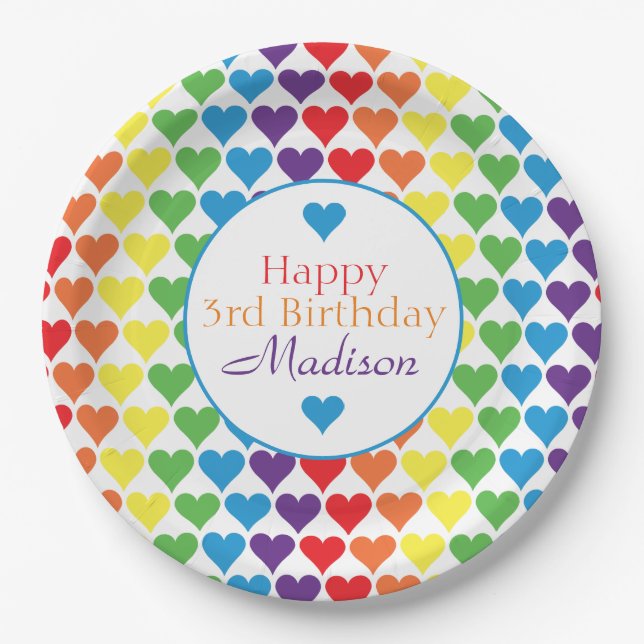 Personalised Rainbow Hearts Birthday Paper Plate (Front)
