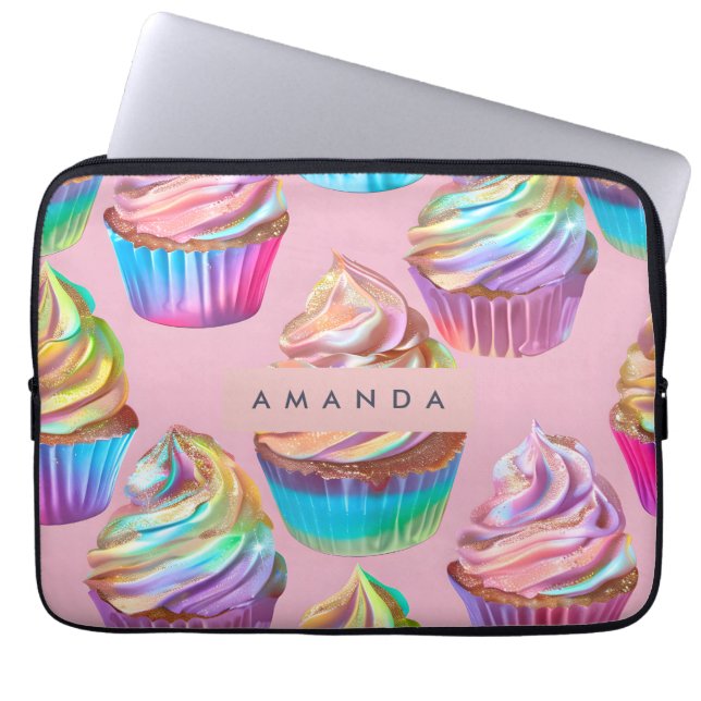 Personalised Rainbow Pastel Cupcake with Glitter Laptop Sleeve (Front)