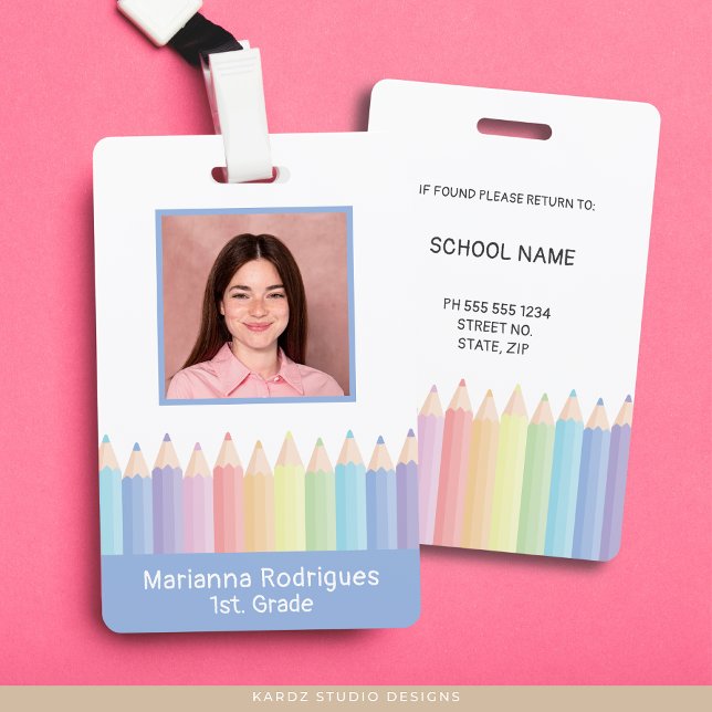 Personalised Rainbow Pencils Teacher ID Badge (Front and back of employee badge shown. Customize with your photo and school information.)