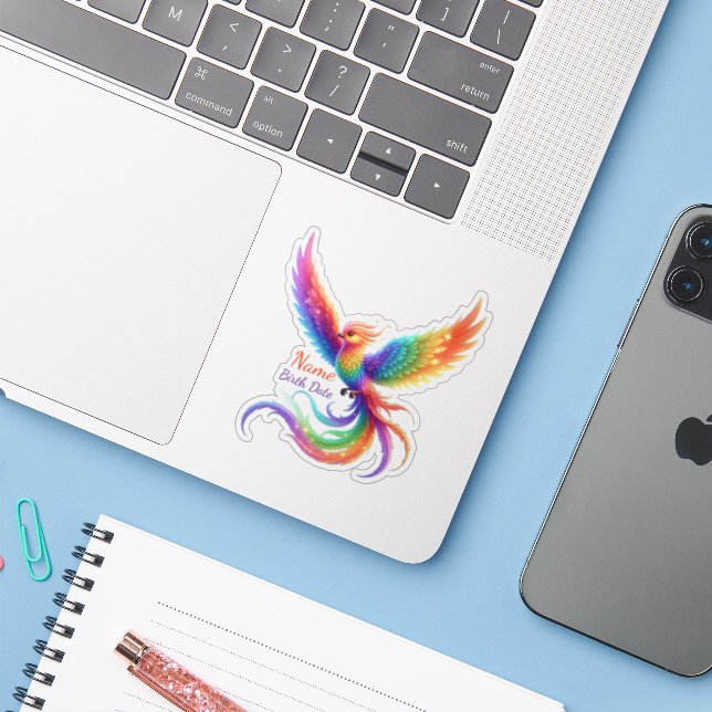 Personalised Rainbow Phoenix Name Birthdate Gift (Laptop w/ iPhone)