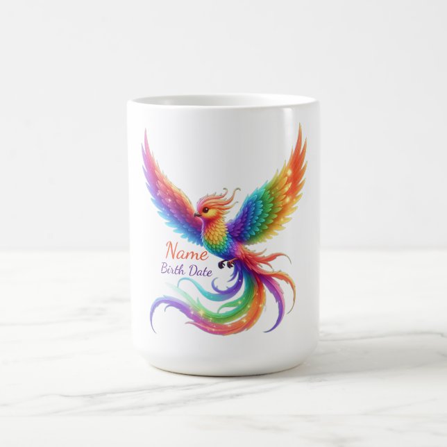 Personalised Rainbow Phoenix Name Birthdate Gift Coffee Mug (Center)