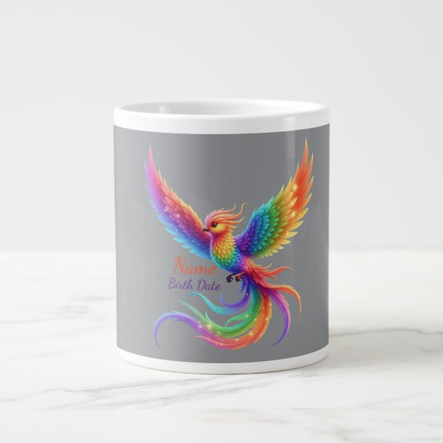Personalised Rainbow Phoenix Name Birthdate Gift Large Coffee Mug (Front)