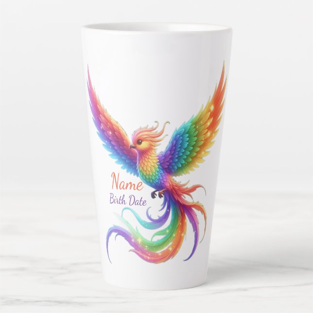 Personalised Rainbow Phoenix Name Birthdate Gift Latte Mug (Front)