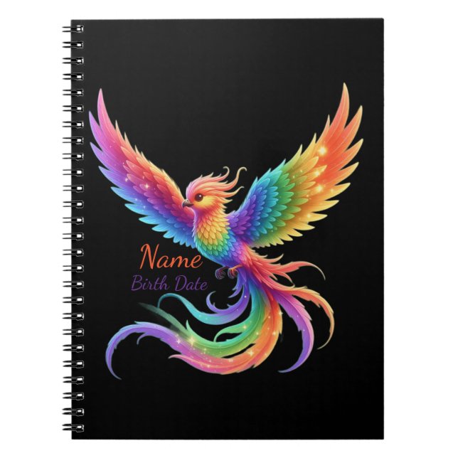 Personalised Rainbow Phoenix Name Birthdate Gift Notebook (Front)