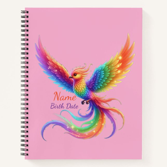 Personalised Rainbow Phoenix Name Birthdate Gift Notebook (Front)