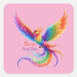 Personalised Rainbow Phoenix Name Birthdate Gift Square Sticker
