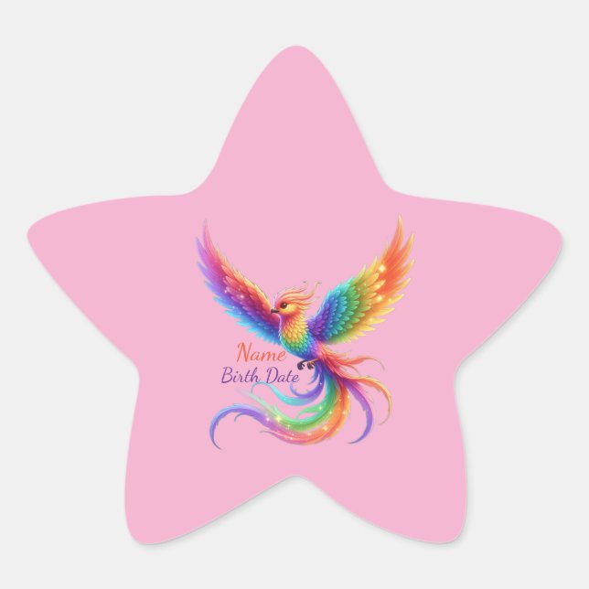 Personalised Rainbow Phoenix Name Birthdate Gift Star Sticker (Front)