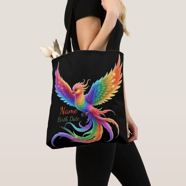 Personalised Rainbow Phoenix Name Birthdate Gift Tote Bag (Close Up)