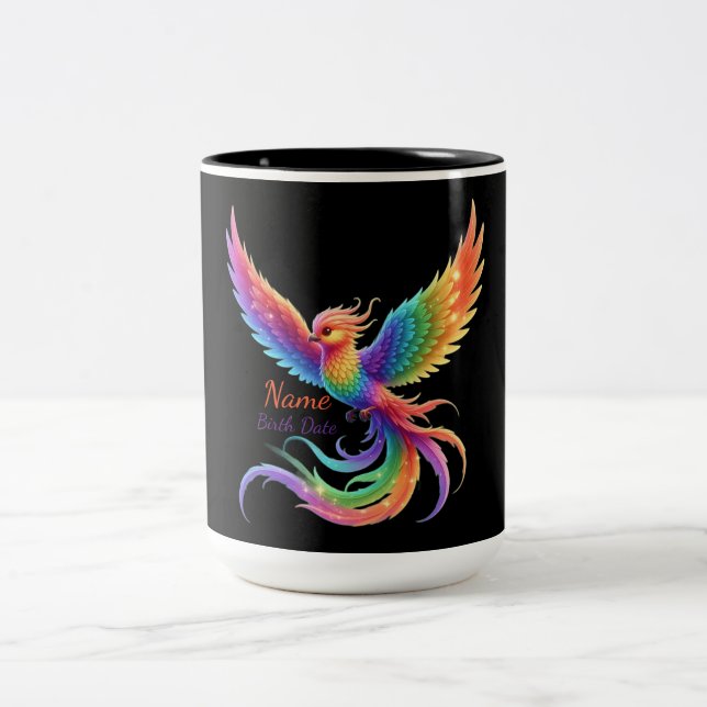 Personalised Rainbow Phoenix Name Birthdate Gift Two-Tone Coffee Mug (Center)