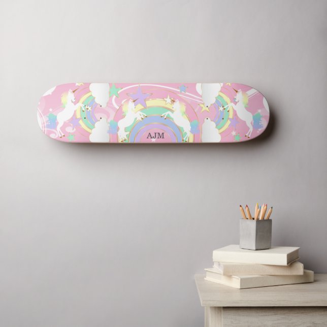 Personalised Rainbow Pink Unicorn Skateboard (Wall Art (Horz))