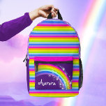 Personalised rainbow purple pink kids school  printed backpack<br><div class="desc">Fun rainbow kids bag perfect for school, college or kids clubs and sleep overs. Customise with name of your choice. This example reads Aurora on the front and full name, class, slogan or house name on the top. Bright pink, and purple shades with multi coloured colourful rainbow stripes makes this...</div>