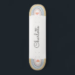 Personalised Rainbow Skateboard<br><div class="desc">A whimsical personalised boho style girly pink blue mustard boho style rainbow on each end of the skateboard,  with a little pink heart in the middle.</div>